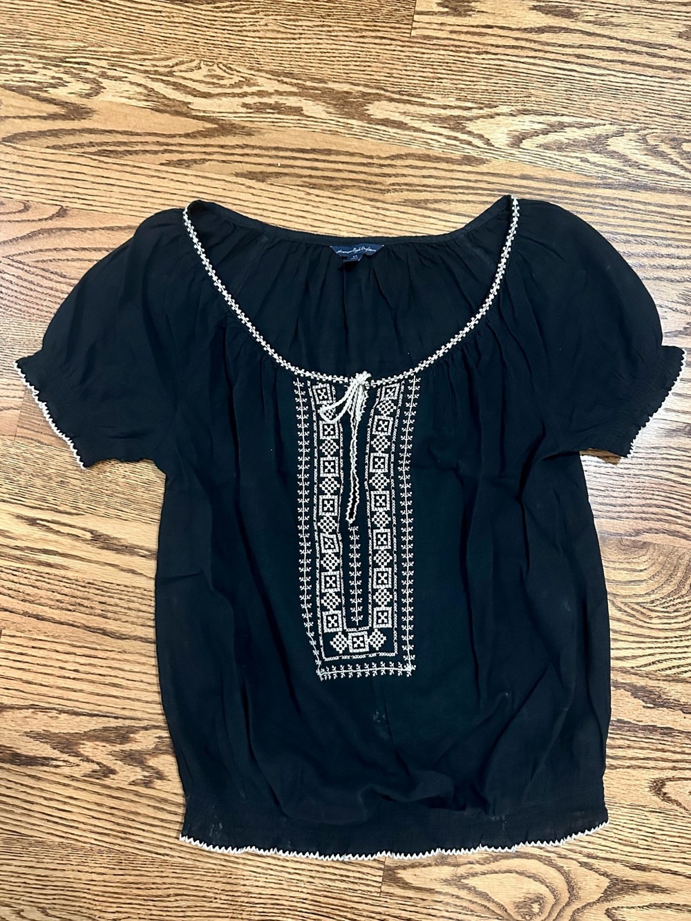 American Eagle Black Embroidered Peasant Top